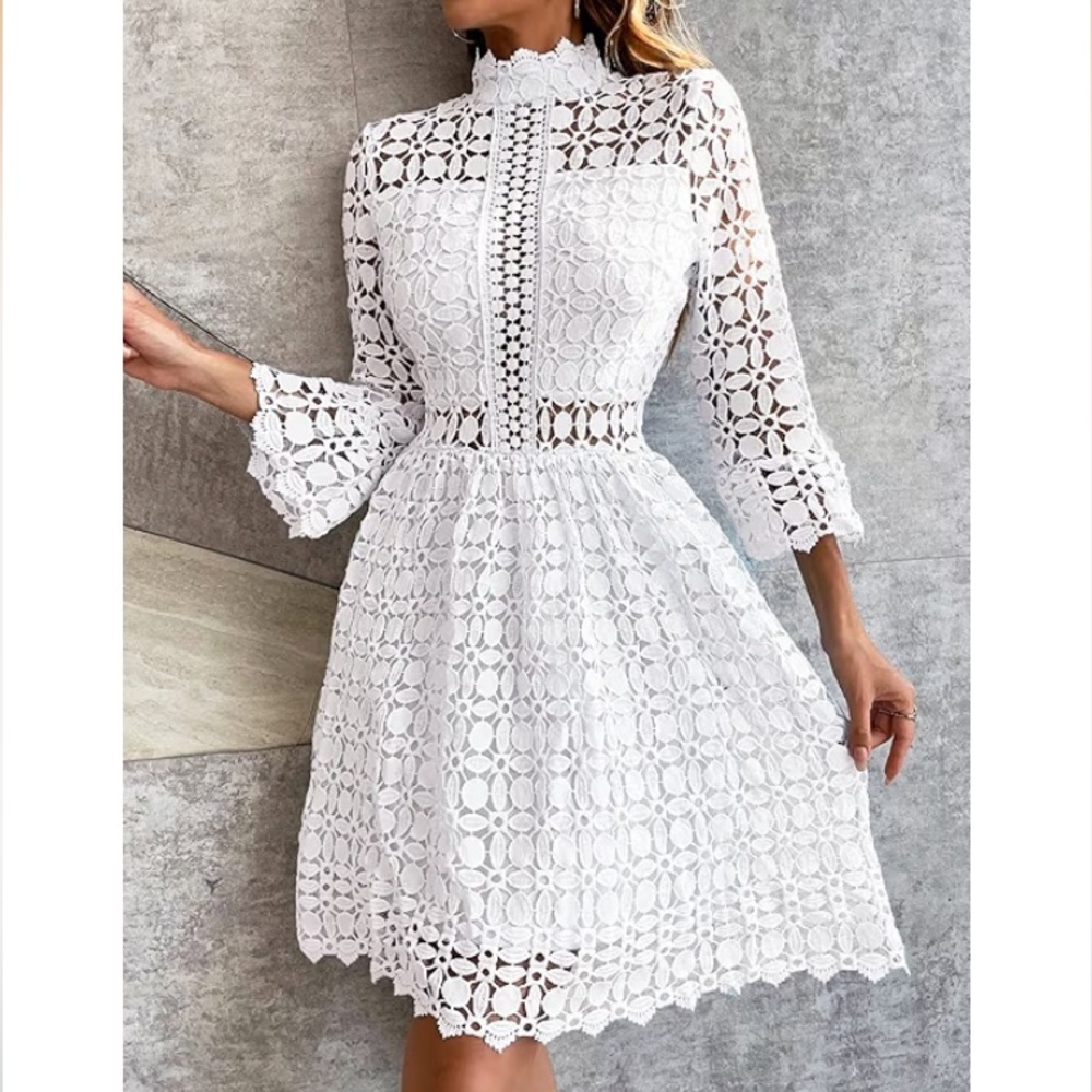 NWOT Eilly Bazar White hollow out Lace Fit & Flare long sleeve Dress eyes,L & XL